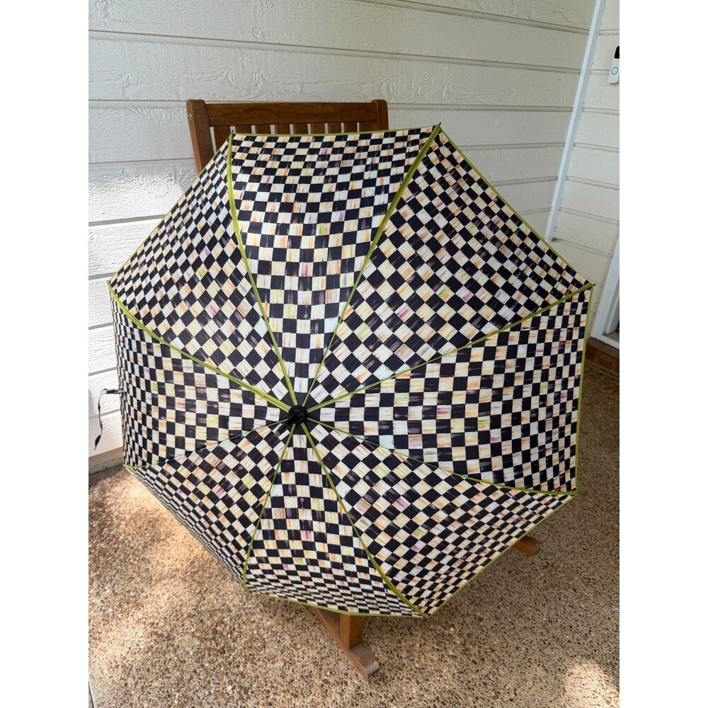 MacKenzie-Childs Courtly Check Stick Umbrella Black White w/ Logo Handle